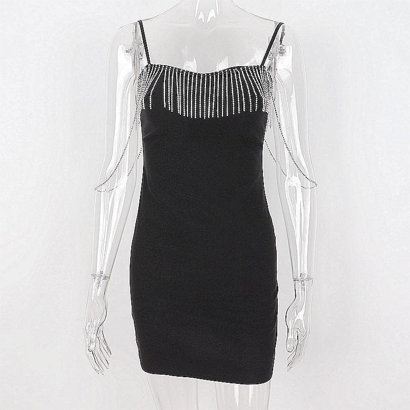 Dazzling Chain Tassel Sweetheart Mini Dress - Black Bodycon Party & Holiday Glam