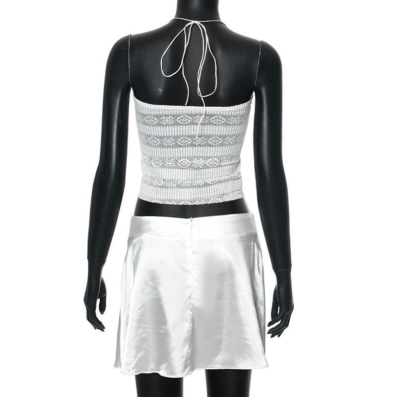 Angels Whisper Y2K Ethereal Halter Crop Top & Mini Skirt Set - Perfect for Fall Parties & Halloween