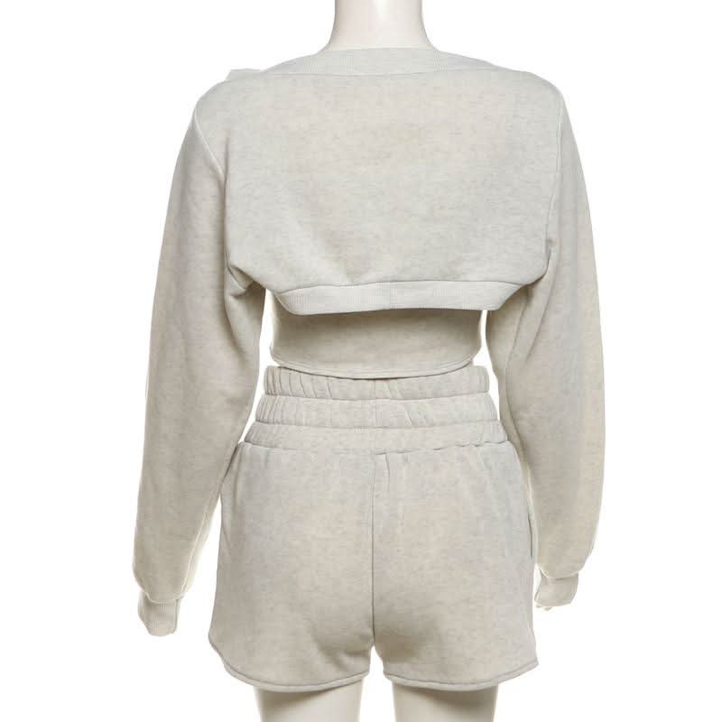 Chic Fall Comfort: Cozy Knit Shrug, Bandeau Top & Shorts Loungewear Set for Women