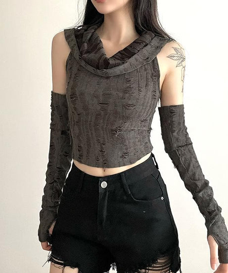 Edgy Distressed Hooded Crop Top & Arm Warmer Set - Grunge Y2K Fall Fashion