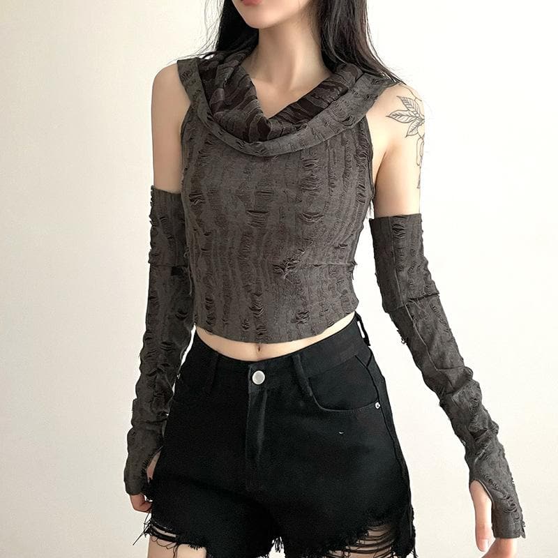 Edgy Distressed Hooded Crop Top & Arm Warmer Set - Grunge Y2K Fall Fashion