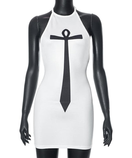 Mystic Ankh Tie Halter Mini Dress - Chic Backless Bodycon for Fall Parties