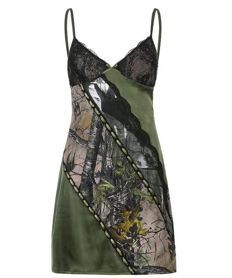 Y2K Woodland Camo & Lace Slip Dress - Olive Green Mini for Fall Nights Out