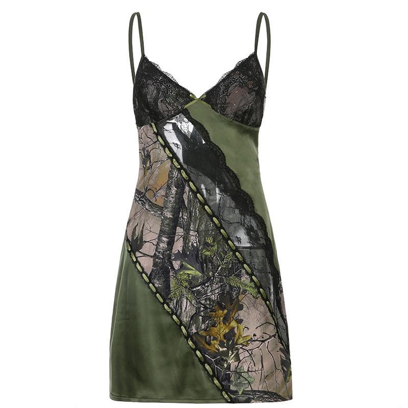 Y2K Woodland Camo & Lace Slip Dress - Olive Green Mini for Fall Nights Out