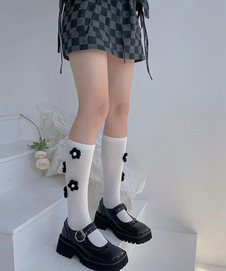 Chic Black Flower Applique Knee High Socks | Cozy Fall & Halloween Style