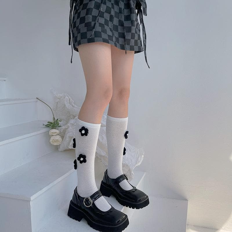 Chic Black Flower Applique Knee High Socks | Cozy Fall & Halloween Style
