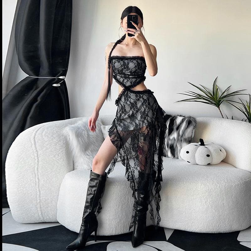 Gothic Enchantress Black Lace Cut-Out Midi Dress - Perfect for Halloween & Fall Parties