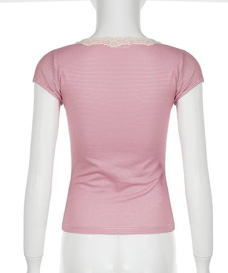 Chic Pink Striped Lace Henley Top – Cozy Fall Essential for Women