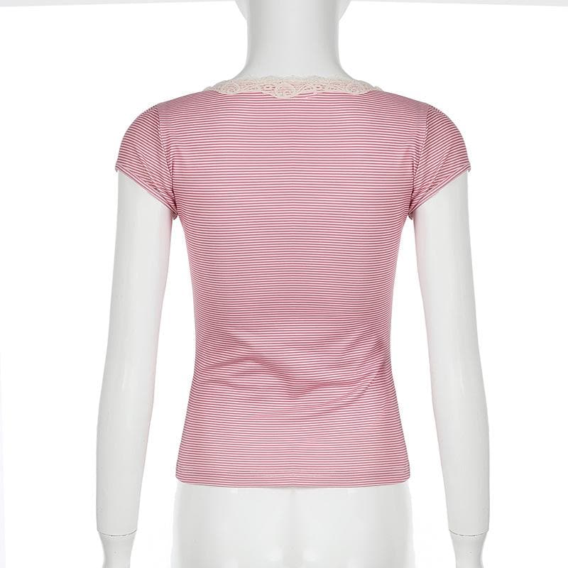 Chic Pink Striped Lace Henley Top – Cozy Fall Essential for Women