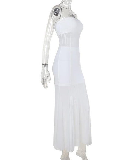 Siren White Strapless Mesh Illusion Maxi Dress - Elegant Fall/Winter Soiree Gown