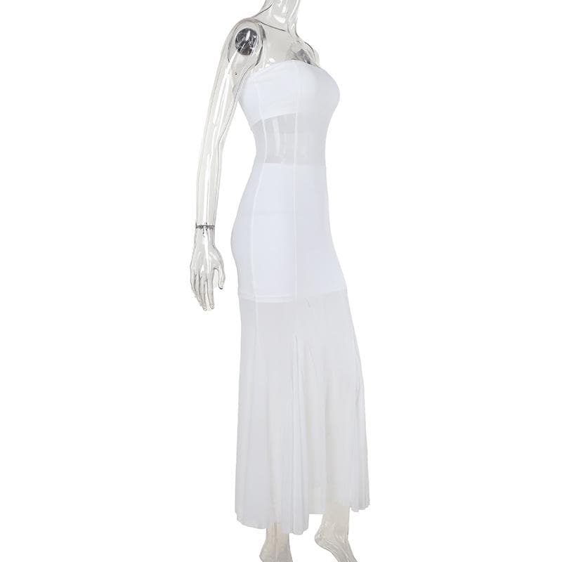 Siren White Strapless Mesh Illusion Maxi Dress - Elegant Fall/Winter Soiree Gown