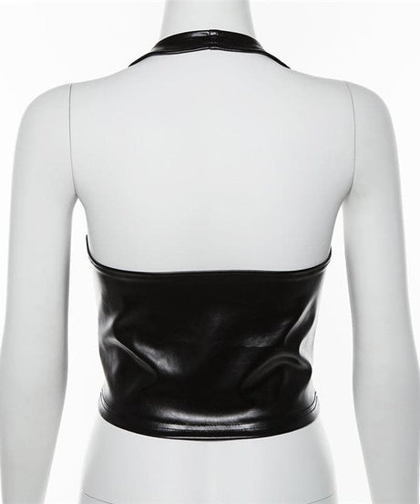Fierce Black Faux Leather Halter Top - Lace-Up Corset Style for Fall, Halloween & Parties