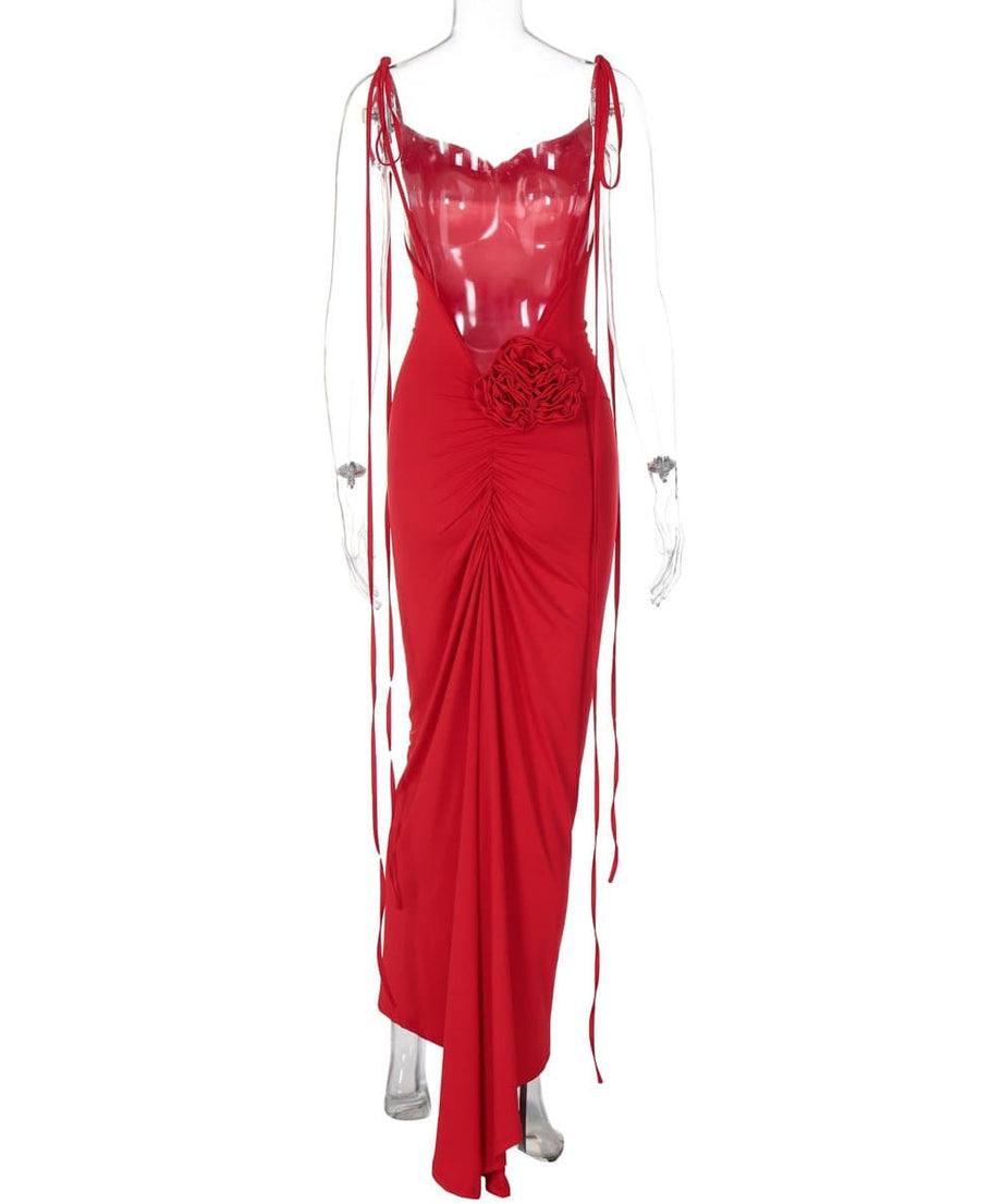 The Scarlet Rose Self-Tie Open Back Maxi Gown - Fall & Holiday Gala Ready