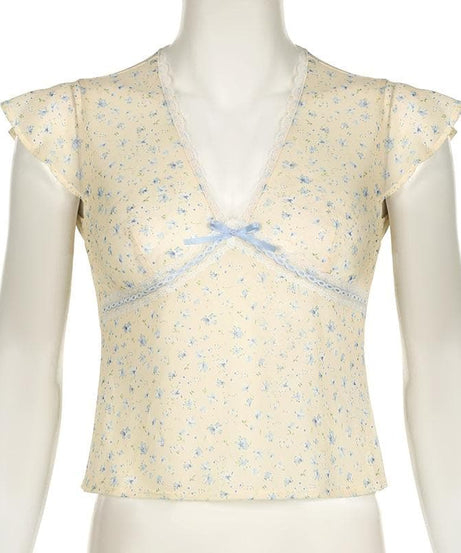 Dainty Coquette Floral V-Neck Top | Romantic Lace Trim & Bow Cap Sleeve Blouse