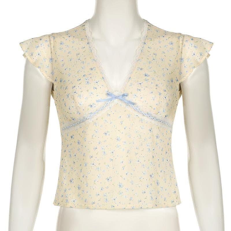 Dainty Coquette Floral V-Neck Top | Romantic Lace Trim & Bow Cap Sleeve Blouse