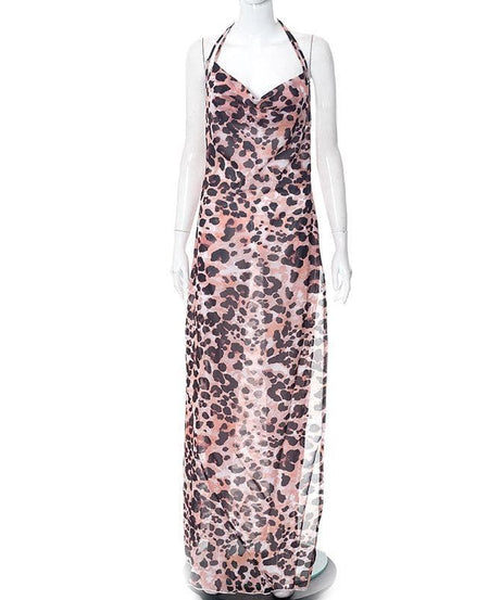 Head-Turning Zebra Print Cowl Neck Halter Maxi Dress - Chic Open Back for Fall Vacations