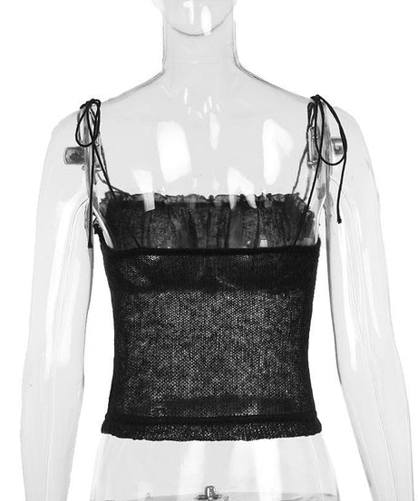 Chic Sheer Knit Ruffle Cami Top with Adjustable Tie-Shoulders - Fall Layering & Night Out Essential