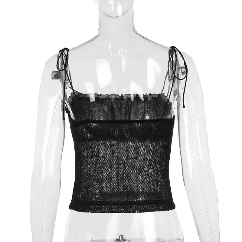 Chic Sheer Knit Ruffle Cami Top with Adjustable Tie-Shoulders - Fall Layering & Night Out Essential
