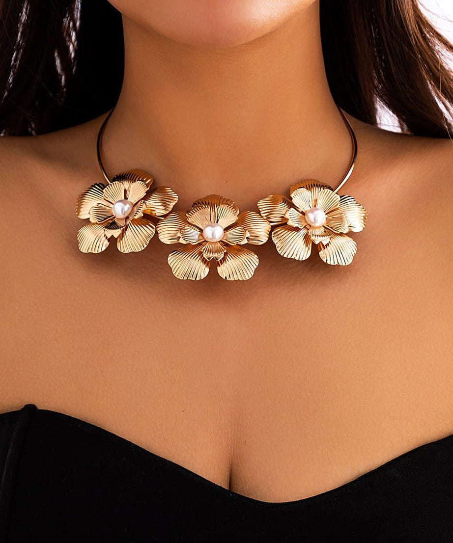 Statement Silver Blossom Choker Necklace with Pearl - Perfect for Fall & Holiday Style