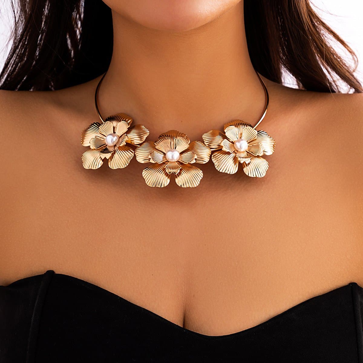 Statement Silver Blossom Choker Necklace with Pearl - Perfect for Fall & Holiday Style