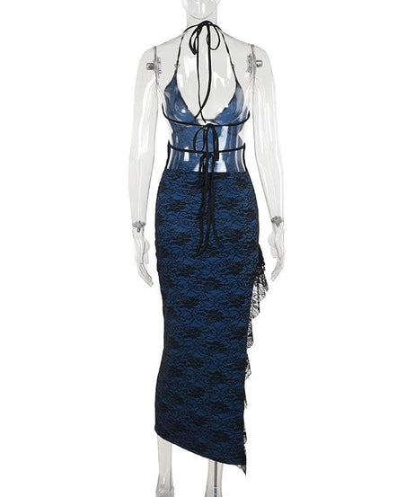 Midnight Blue Lace Halter Maxi Dress with Sassy Slit & Cut-Outs – Your Fall & Holiday Event Staple