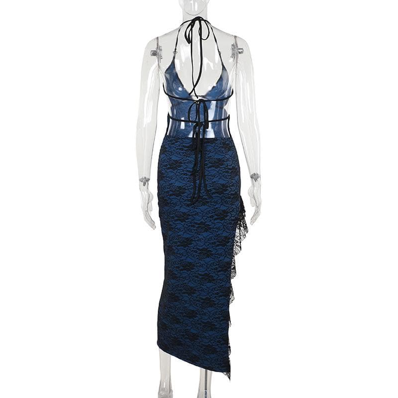 Midnight Blue Lace Halter Maxi Dress with Sassy Slit & Cut-Outs – Your Fall & Holiday Event Staple