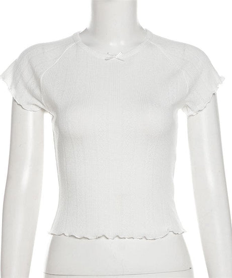 Coquette Chic Ruffle Knit Crop Top - Y2K Inspired Bow Detail Tee