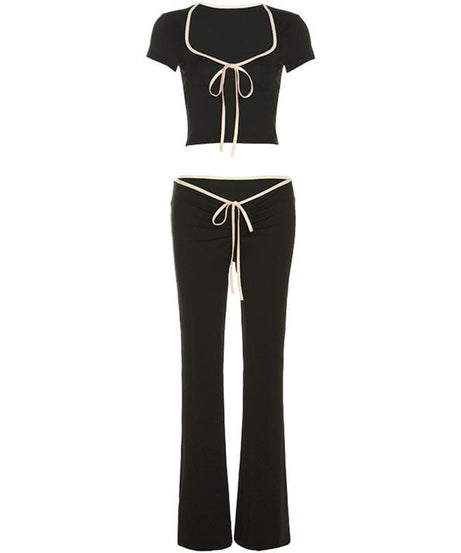 Fall Comfort & Style: Y2K Contrast Tie Crop Top & Flare Pant Lounge Set for Women