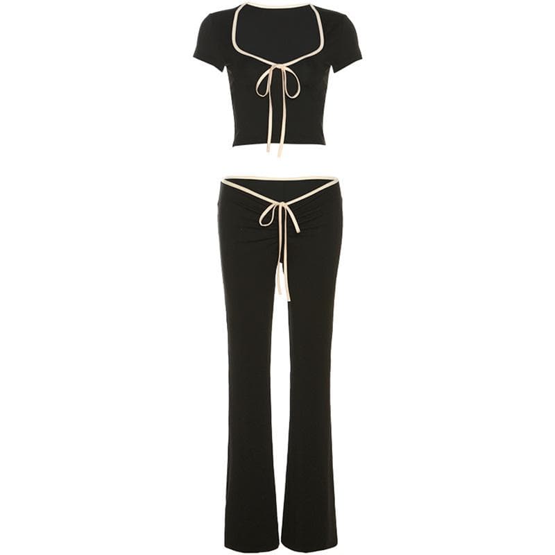 Fall Comfort & Style: Y2K Contrast Tie Crop Top & Flare Pant Lounge Set for Women