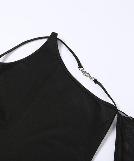 Chain Detail One-Shoulder Bodycon Mini Dress with Sheer Mesh Sleeves – Your Fall & Holiday Party Statement