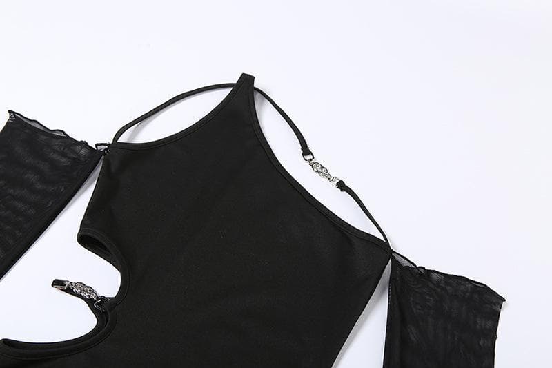 Chain Detail One-Shoulder Bodycon Mini Dress with Sheer Mesh Sleeves – Your Fall & Holiday Party Statement