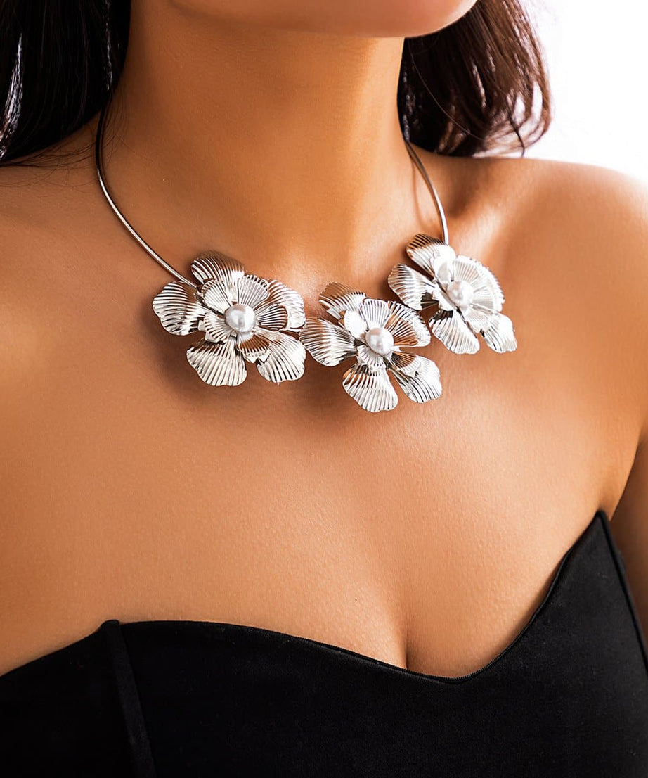 Statement Silver Blossom Choker Necklace with Pearl - Perfect for Fall & Holiday Style