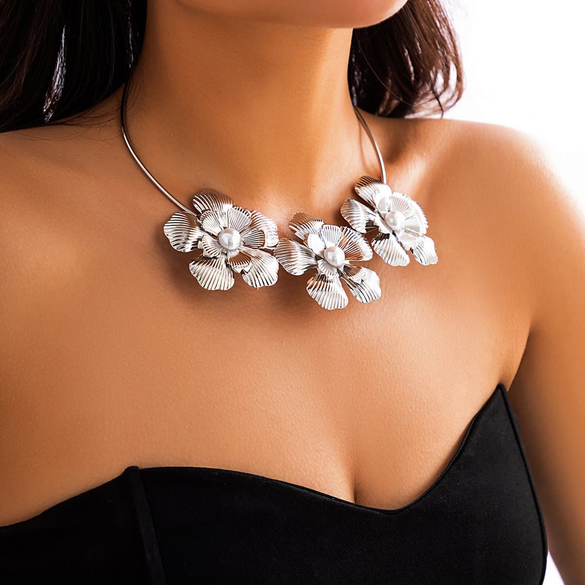 Statement Silver Blossom Choker Necklace with Pearl - Perfect for Fall & Holiday Style