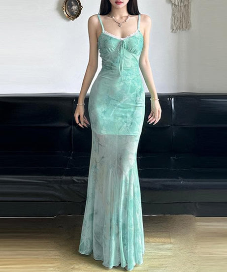 Ethereal Aqua Tie-Dye Mesh Maxi Dress - Ruched Cami & Mermaid Hem | Fall Getaway Chic