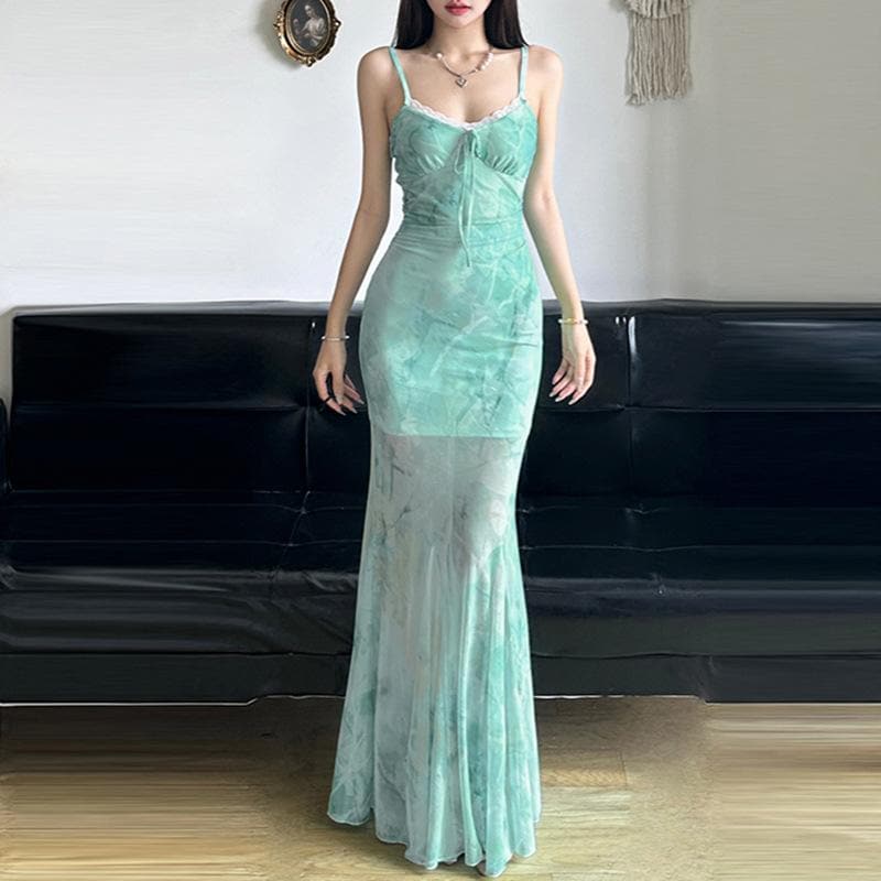 Ethereal Aqua Tie-Dye Mesh Maxi Dress - Ruched Cami & Mermaid Hem | Fall Getaway Chic