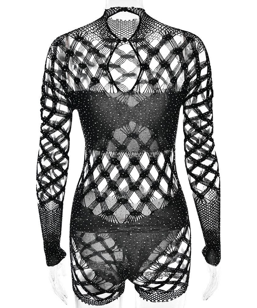 Halloween & Holiday Glam: Dazzling Rhinestone Fishnet Long Sleeve Romper