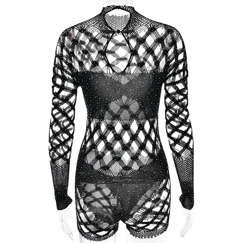 Halloween & Holiday Glam: Dazzling Rhinestone Fishnet Long Sleeve Romper