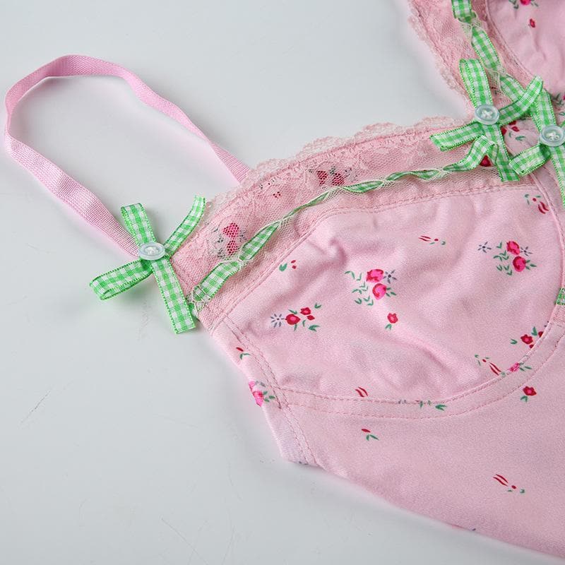 Sweetheart Pink Floral Cami Top with Gingham & Lace | Cozy Autumn Layering & Cottagecore Charm