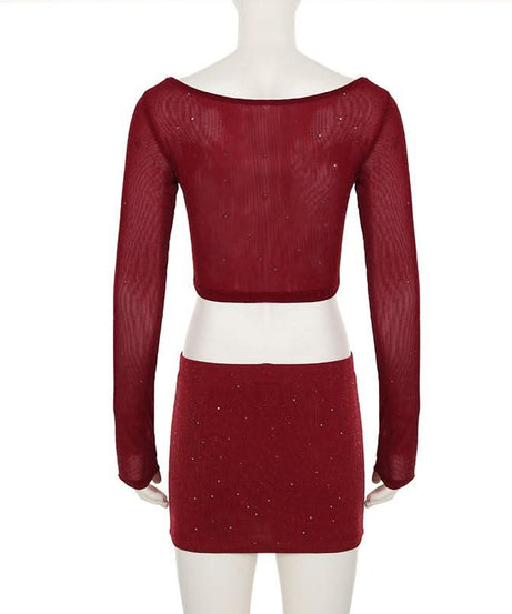 Dazzling Burgundy Sparkle Crop Top & Mini Skirt Set - Your Fall & Holiday Glam Go-To