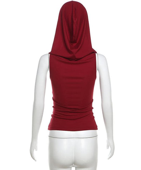Autumn Enchantress: Deep Wine Red Sleeveless Cowl Neck Hoodie Top for Fall