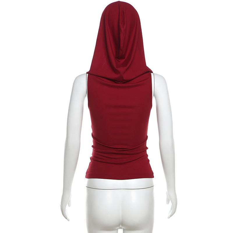 Autumn Enchantress: Deep Wine Red Sleeveless Cowl Neck Hoodie Top for Fall