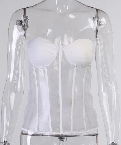 Chic Black Strapless Mesh Corset Bustier Top with Boning & Lace-Up Back - Your Fall Night Out Essential