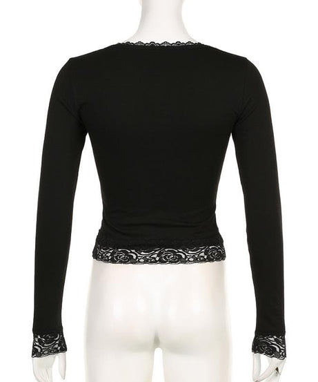 Fall Chic: Black Lace Trim Square Neck Long Sleeve Top | Versatile & Elegant Essential