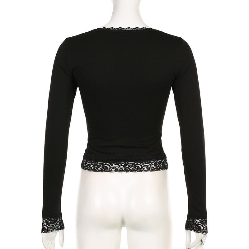 Fall Chic: Black Lace Trim Square Neck Long Sleeve Top | Versatile & Elegant Essential