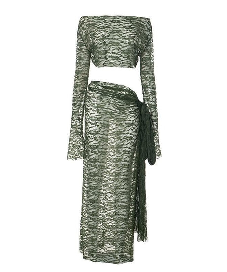 Alluring Olive Green Lace Two-Piece Maxi Set - Fall Soirée & Holiday Glam