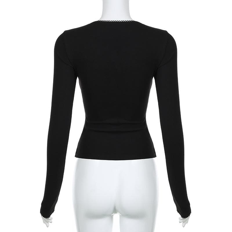 Cozy Chic Black Square Neck Long Sleeve Top | Ribbon Tie Front & Delicate Lace Trim