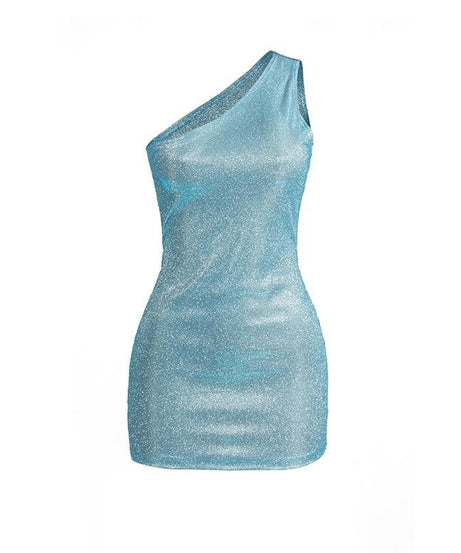 Dazzling Sky Blue Glitter One-Shoulder Bodycon Mini Dress - Fall & Holiday Party Ready