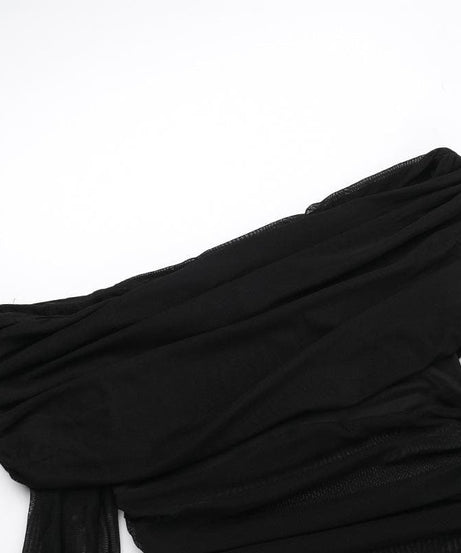 Alluring Black Mesh Off-Shoulder Maxi Dress - Ruched Evening Gown for Fall & Holiday Parties