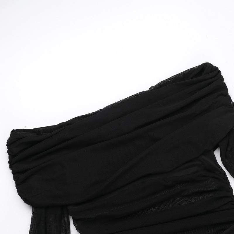 Alluring Black Mesh Off-Shoulder Maxi Dress - Ruched Evening Gown for Fall & Holiday Parties