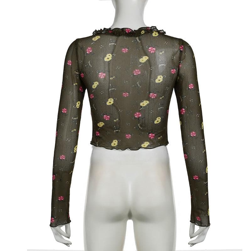 Trendy Floral Mesh Ruffle Crop Top - Sheer Long Sleeve for Fall Layering